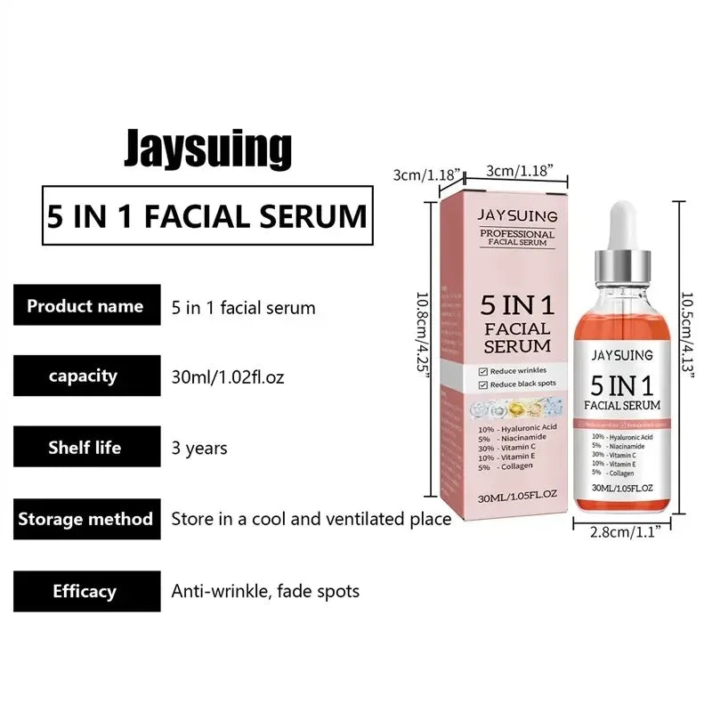 Sérum Visage 5 en 1 à l'Acide Hyaluronique Jaysuing 30ml – Hydratant, Anti-Âge, Éclat & Pores Resserrés