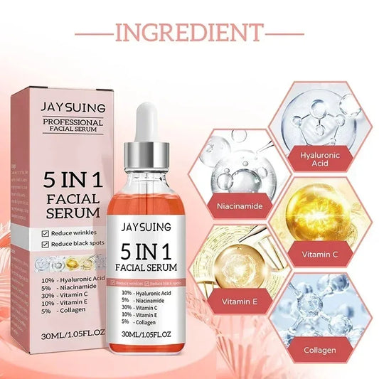 Sérum Visage 5 en 1 à l'Acide Hyaluronique Jaysuing 30ml – Hydratant, Anti-Âge, Éclat & Pores Resserrés