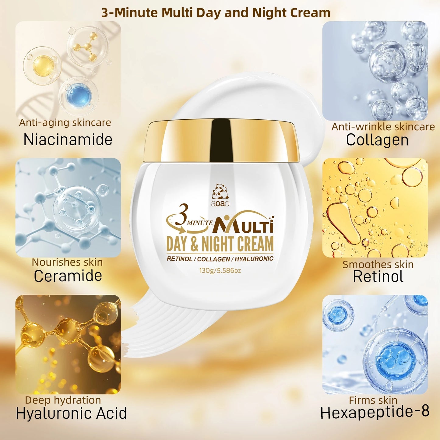 Crème Hydratante 3 Minutes au Rétinol, Collagène & Acide Hyaluronique – Fermeté & Éclat, Homme & Femme