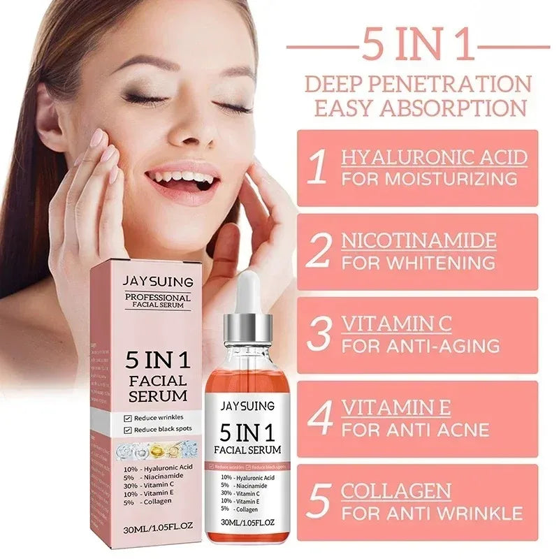 Sérum Visage 5 en 1 à l'Acide Hyaluronique Jaysuing 30ml – Hydratant, Anti-Âge, Éclat & Pores Resserrés