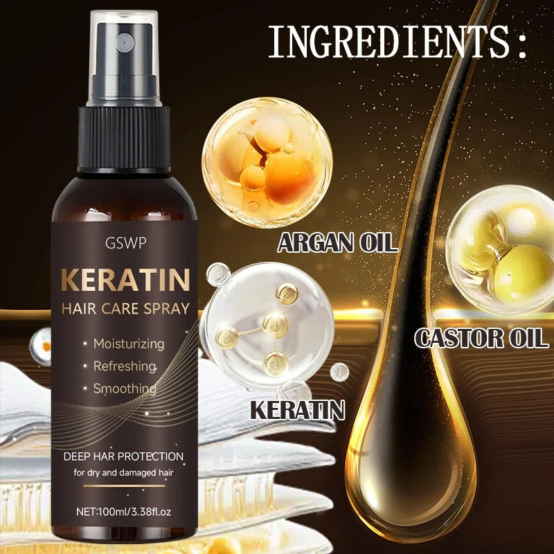 Spray Capillaire Kératine, Huile de Ricin & Argan 100ml – Hydratation & Brillance