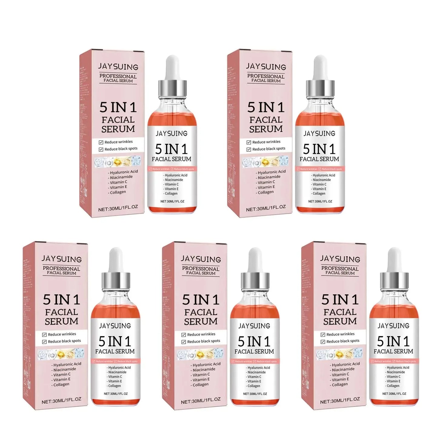 Sérum Visage 5 en 1 à l'Acide Hyaluronique Jaysuing 30ml – Hydratant, Anti-Âge, Éclat & Pores Resserrés