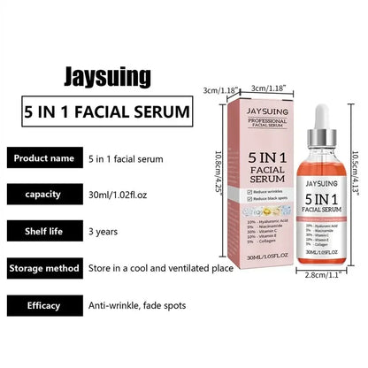 Sérum Visage 5 en 1 à l'Acide Hyaluronique Jaysuing 30ml – Hydratant, Anti-Âge, Éclat & Pores Resserrés