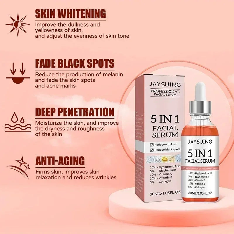 Sérum Visage 5 en 1 à l'Acide Hyaluronique Jaysuing 30ml – Hydratant, Anti-Âge, Éclat & Pores Resserrés