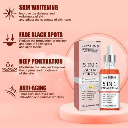 Sérum Visage 5 en 1 à l'Acide Hyaluronique Jaysuing 30ml – Hydratant, Anti-Âge, Éclat & Pores Resserrés