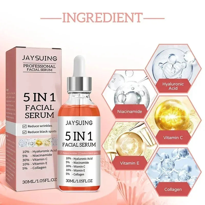 Sérum Visage 5 en 1 à l'Acide Hyaluronique Jaysuing 30ml – Hydratant, Anti-Âge, Éclat & Pores Resserrés